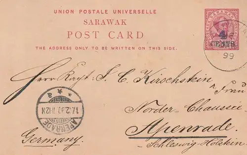 SARAWAK - 1899, Postal Stationery 3c overprinted 4c, Sarawak - Apenrade