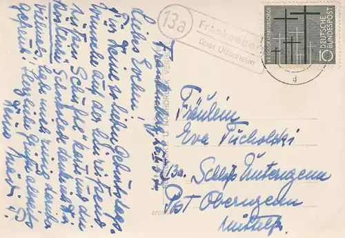 8704 WEIGENHEIM - FRANKENBERG, Postgeschichte, Landpoststempel "13a Frankenberg über Uffenheim", 1957