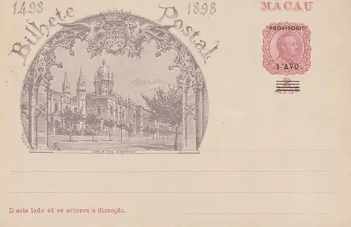 CHINA - MACAO - 1898, Postal Stationery, Provisorio 1 AVO / 2 AVOS, Greja dos Jeronymos, clean mint