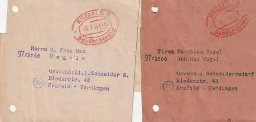 4150 KREFELD, Postgeschichte 1946, 2 Gebühr bezahlt Streifbänder, Krefeld 2