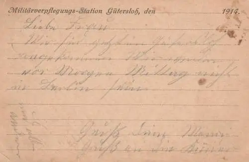 4830 GÜTERSLOH, Postgeschichte, Feldpostkarte 1914, Militärverpflegungs-Station Gütersloh