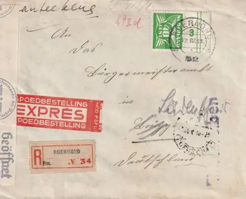 NIEDERLANDE - 1942,# 390 groen, Express - R Brief, Roermond - Brügge / Lüdenscheid, Zensur