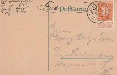 MILITÄR - 1.Weltkrieg, Gardekorps Feldpostamt 18.11.1914, auf frankierter belgischer Feld-Postkarte