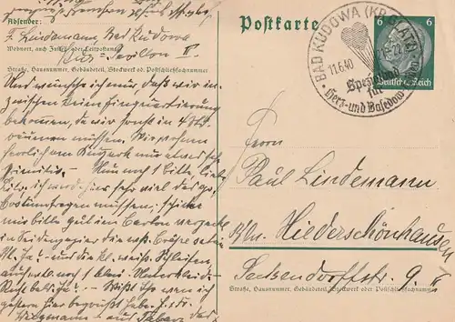 NIEDER - SCHLESIEN - BAD KUDOWA / KUDOWA ZDROJ (Glatz), Postgeschichte, Sonderstempel Herz- und Basedow... 1940