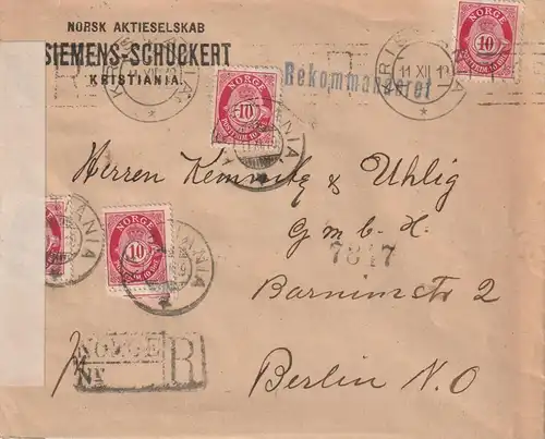 NORGE / NORWEGEN - 1919, Posthorn 10 Öre  (4), R-Brief, Kristiana - Berlin, geprüft gem. Verordnung v 15.11.1918
