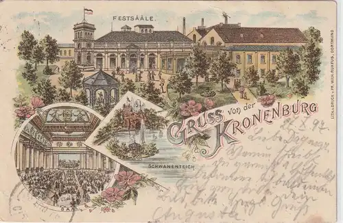 4600 DORTMUND, Lithographie 1897, Kronenburg, Festsääle, Saal, Schwanenteich