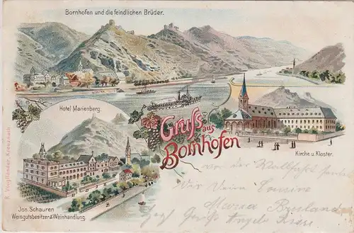 5422 LORELEY - KAMP BORNHOFEN, Lithographie 1898, Hotel Marienberg, Kirche / Kloster, Feindliche Brüder