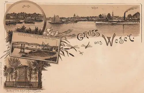 4230 WESEL, Lithographie, Arche, Brücken, Denkmäler, Panorama mit Frachtschiffen