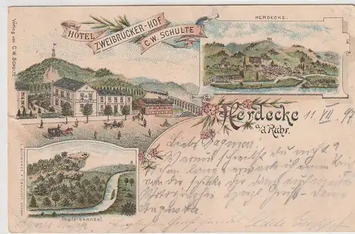 5804 HERDECKE, Lithographie 1897 nach Portugal, Hotel Zweibrücker Hof, Teufelskanzel, Panorama, kl. Mängel