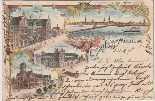 5000 KÖLN - MÜLHEIM, Lithographie 1898, Webschule, Realgymnasium, Post, Rheinbrücke