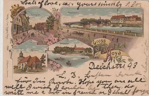 2812 HOYA, Lithographie, Lange Strasse, Rathskeller, Kirche, Weserbrücke