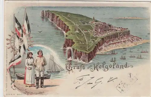 2192 HELGOLAND,  Litographie, 1901, Fischer mit Frau, Gesamtansicht, Kaiserfahnen, sauberer Stempel