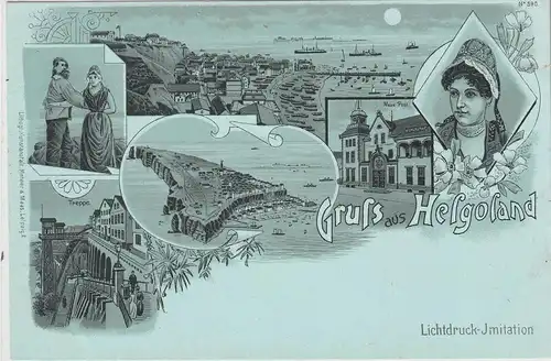 2192 HELGOLAND,  Litographie, vor 1900, Trachten, Neue Post, Treppe, Panoramaansichten