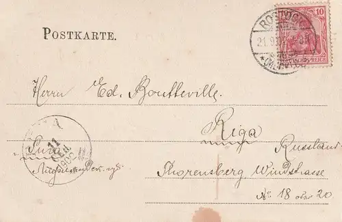 0-2500 ROSTOCK, Partie in den Anlagen, AK nach Riga, 1902