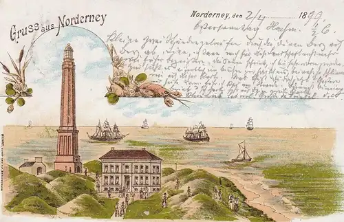 2982 NORDERNEY, Lithographie 1899, Leuchtturm und Umgebung, Segelschiffe