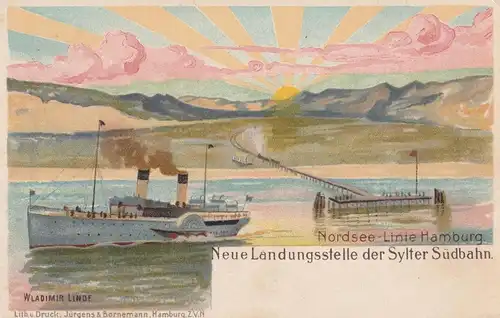 2280 SYLT, Neue Landungsstelle der Sylter Südbahn, Nordsee Fährlinie Hamburg, Künstler-Karte Linde, rücks. Fähr-Ordnung