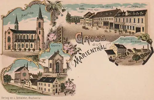 F 67500 HAGENAU - MARIENTHAL / HAGUENAU, Lithographie, Gaststätten, Hagenauer Strasse, Basilika, Kloster