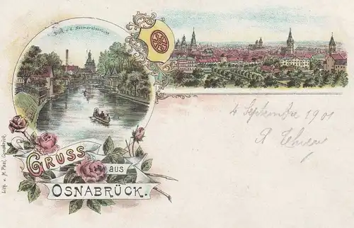 4500 OSNABRÜCK, Lithographie 1901, Neumarktsbrücke, Gesamtansicht