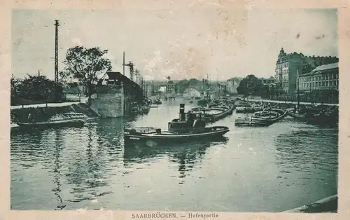 6600 SAARBRÜCKEN, Hafen, Frachtschiffe mit Schlepper, 1932, Verlag Hartmann - Mannheim