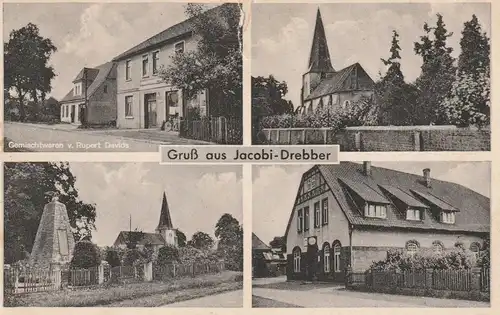 2841 DREBBER - JACOBIDREBBER, Gemischtwaren Davids, Kirche, Kriegerdenkmal...1951, Einriss