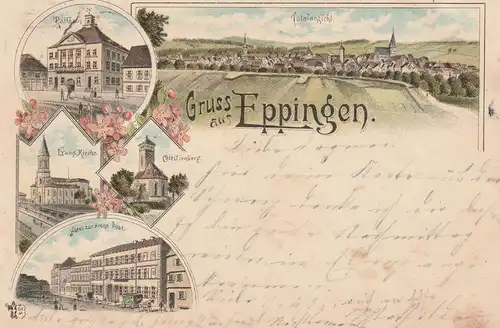 7519 EPPINGEN, Lithographie 1896, Hotel zur Krone, Rathaus, Kirche...