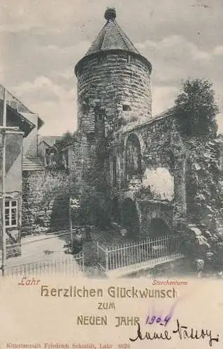 7630 LAHR, Storchenturm, Neujahrskarte 1904