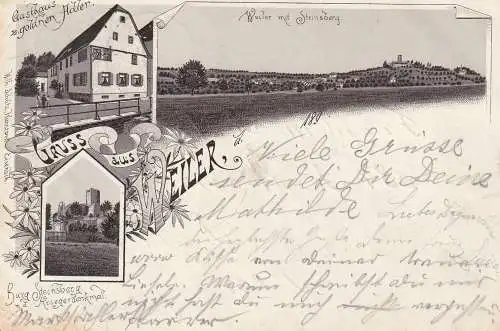 6920 SINSHEIM - WEILER, Lithographie 1897, Gasthaus zum goldenen Adler, Burg Steinsberg, Panorama