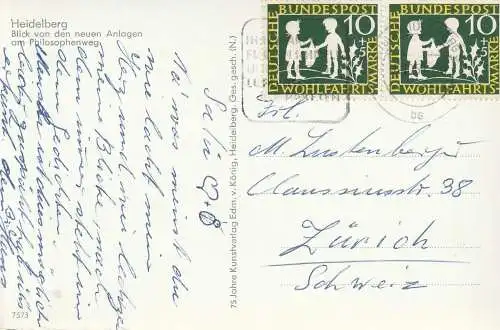 BUND - 1959, Michel 323 Wohlfahrt, AK - Doppelfrankatur in die Schweiz