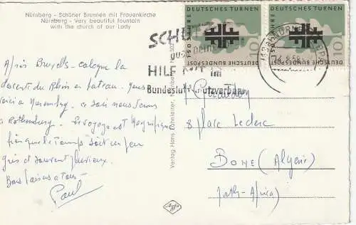 BUND - 1958, Michel 292 Turnbewegung, AK - Doppelfrankatur nach Algerien