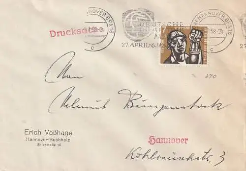 BUND - 1957, Michel 270 Kohlebergbau, portogerechte Drucksache im Ortsverkehr