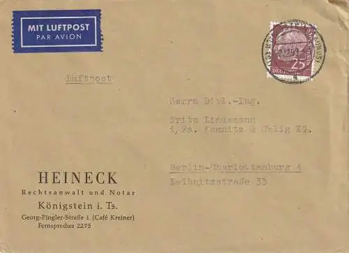BUND - 1954, Michel 186, Luftpost Einzelfrankatur
