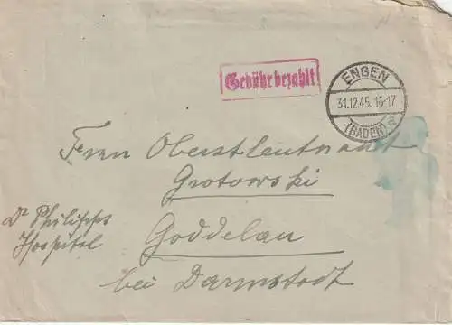 7707 ENGEN, Postgeschichte, Gebühr bezahlt Brief 31.12.1945