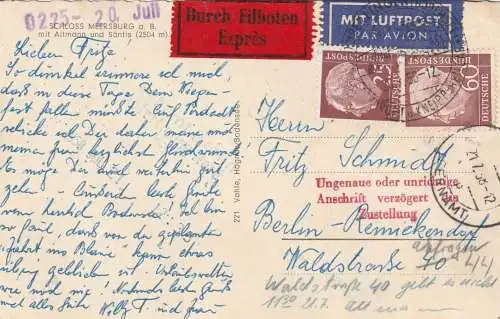 BUND - 1958, Michel 186 & 262 Heuss auf Eilboten / Luftpost AK mit verzögerter Zustellung