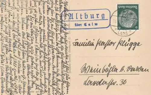7260 CALW - ALTBURG, Postgeschichte, Landpoststempel "Altburg über Calw", 1933