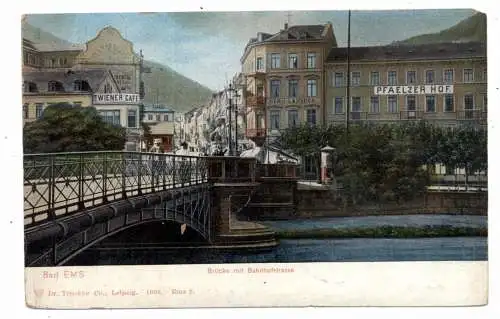 5427 BAD EMS, Brücke, Bahnhofstrasse, Pfälzer Hof, Wiener Cafe, 1907, Verlag Trenkler