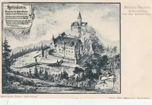 7570 BADEN - BADEN, Burg Hohenbaden vor der Zerstörung, historische Ansicht, Posthilfsstelle Alt-Schloß