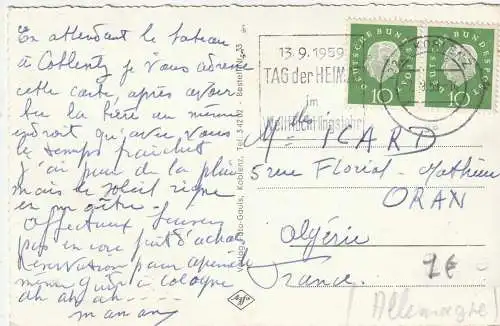 BUND - 1959, Michel 303 Heuss, Paar aus Bogen, AK - Auslanfsfrankatur,nach Algerien