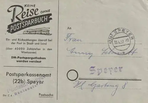 POST - Werbebriefumschlag Postsparbuch 1957, Speyer
