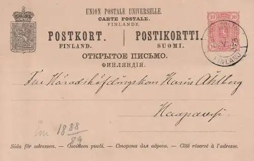 FINLAND - 1889, postal stationery Michel P 23I, postmark Nikolaistad (Vaasa)