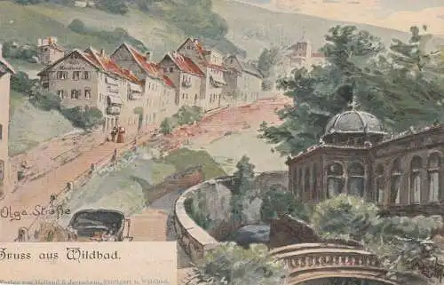 7547 WILDBAD, Olga-Strasse, Künstler-Karte, ca. 1900