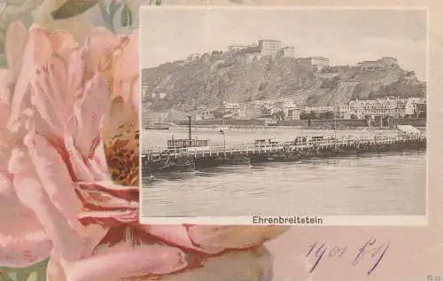 5400 KOBLENZ - EHRENBREITSTEIN, Schiffsbrücke, dekorative Passepartout-Karte, ca. 1900