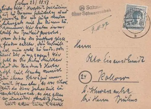 2053 SCHWARZENBEK, Postgeschichte, Landpoststempel "Sahnis über Schwarzenbek", 1947