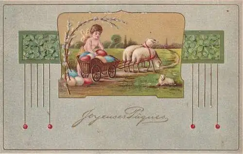 OSTERN - Jugendstil Prägekarte, Lämmer ziehen Eierkarren, 1911