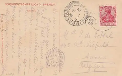 GIBRALTAR, Deutsche Seepost, 1913