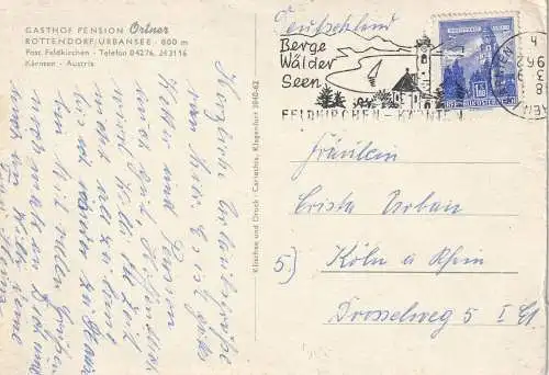 A 9560 FELDKIRCHEN, Gasthof Ortner, OPEL REKORD, Poststempel falsch montiert, 1962