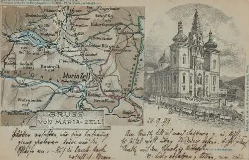 A 8630 MARIAZELL, Dom mit Geschäften / Landkarte, 1899