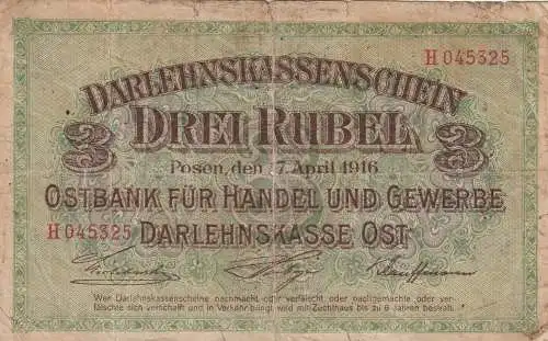 POSEN - BANKNOTE 3 RUBEL 1916, Ostbank für Handel und Gewerbe