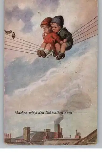 KINDER - Kinderpaar sitzen neben Schwalben auf einer Telefonleitung, Künstler-Karte Fialkowska, 1924