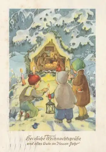 KRIPPE / Crip / Culla - Künstler-Weihnachtskarte mit Kindern, 1954