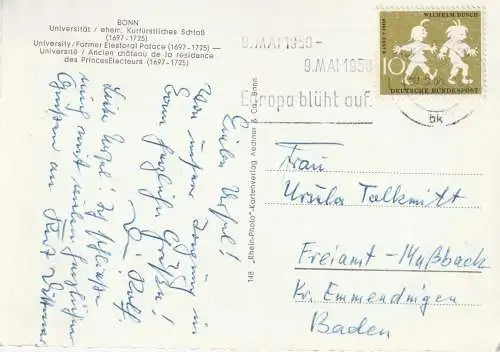 BUND - 1958, Michel 281, Wilhelm Busch, AK Einzelfrankatur